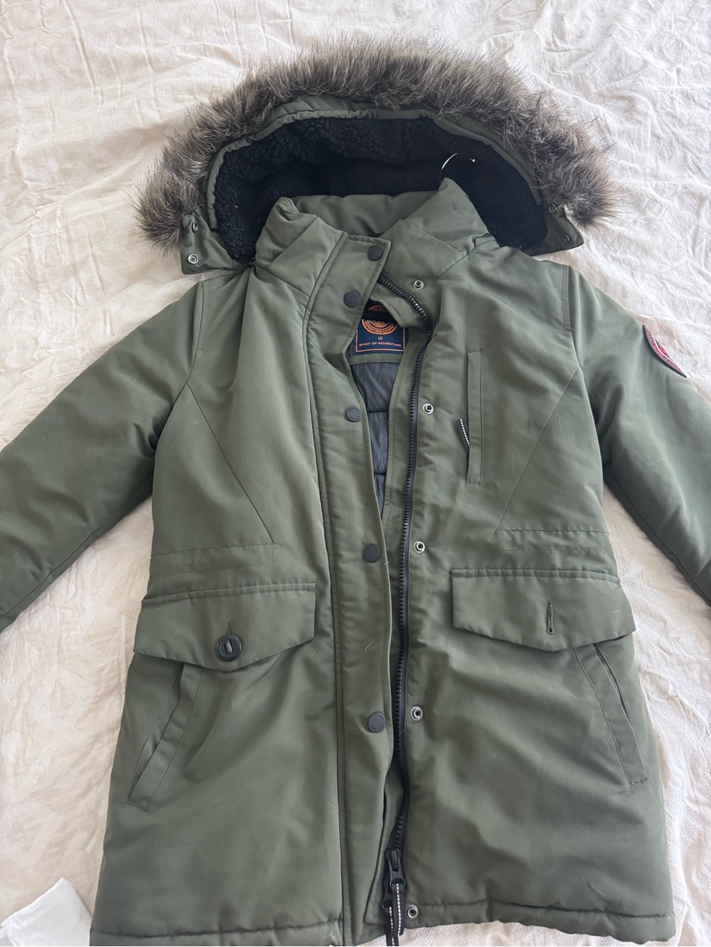 Superdry Olive Green Ski Parka with Faux Fur Trim Hood